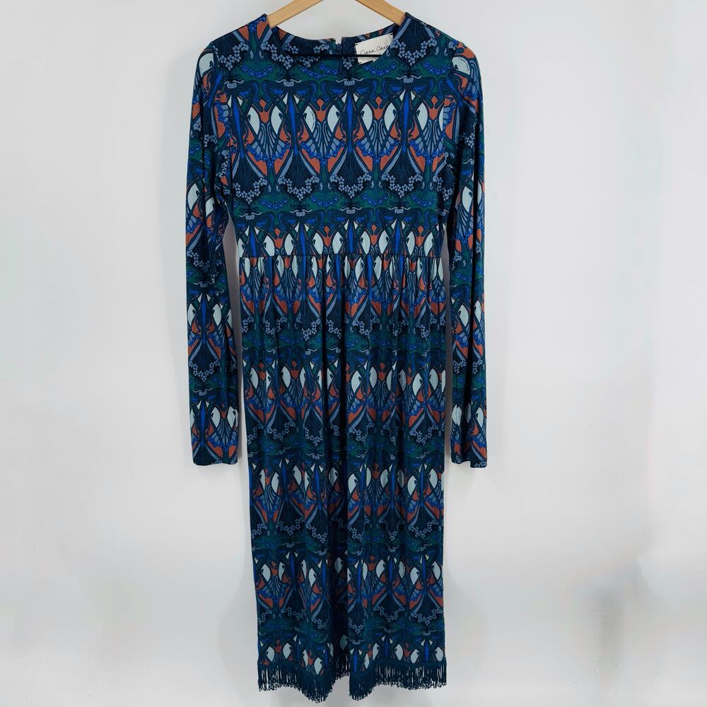 Cara Cara Liza Long Sleeve Printed Midi Fringe Hem Dress Blue Green Size M - Picture 2 of 9